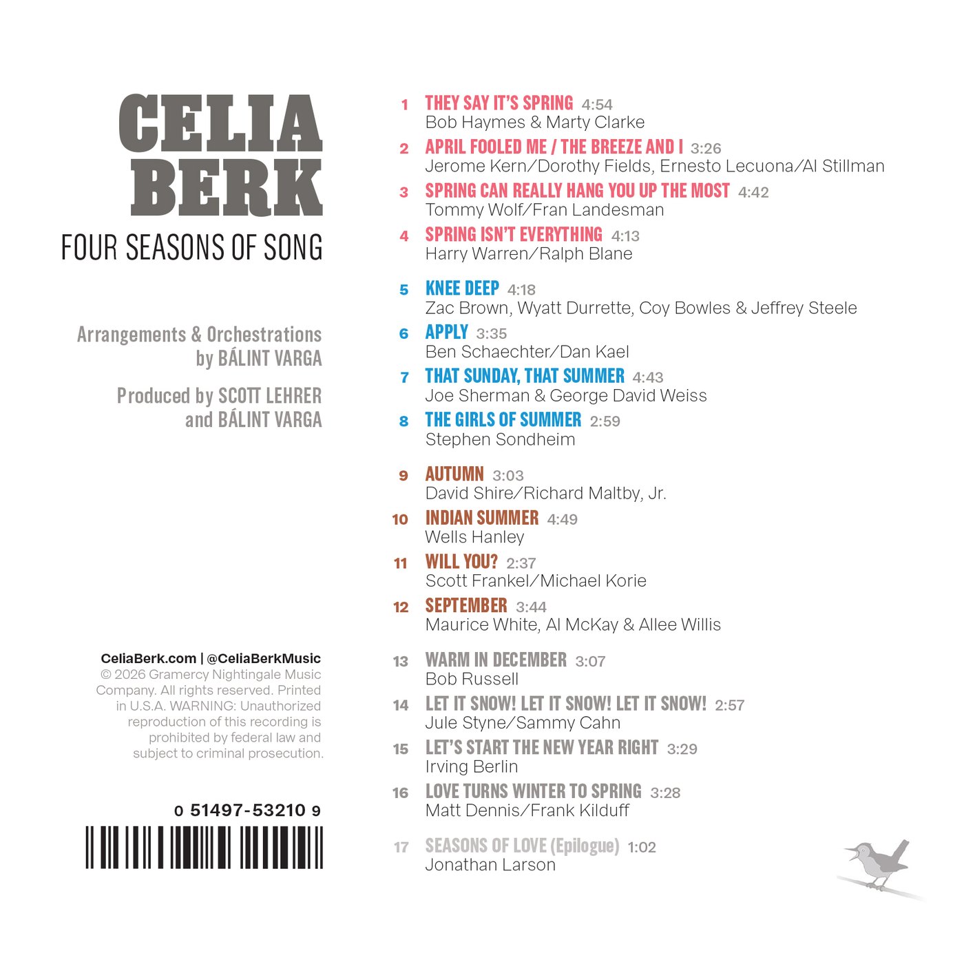 Celia Berk Four Seasons of Song track listing and credits